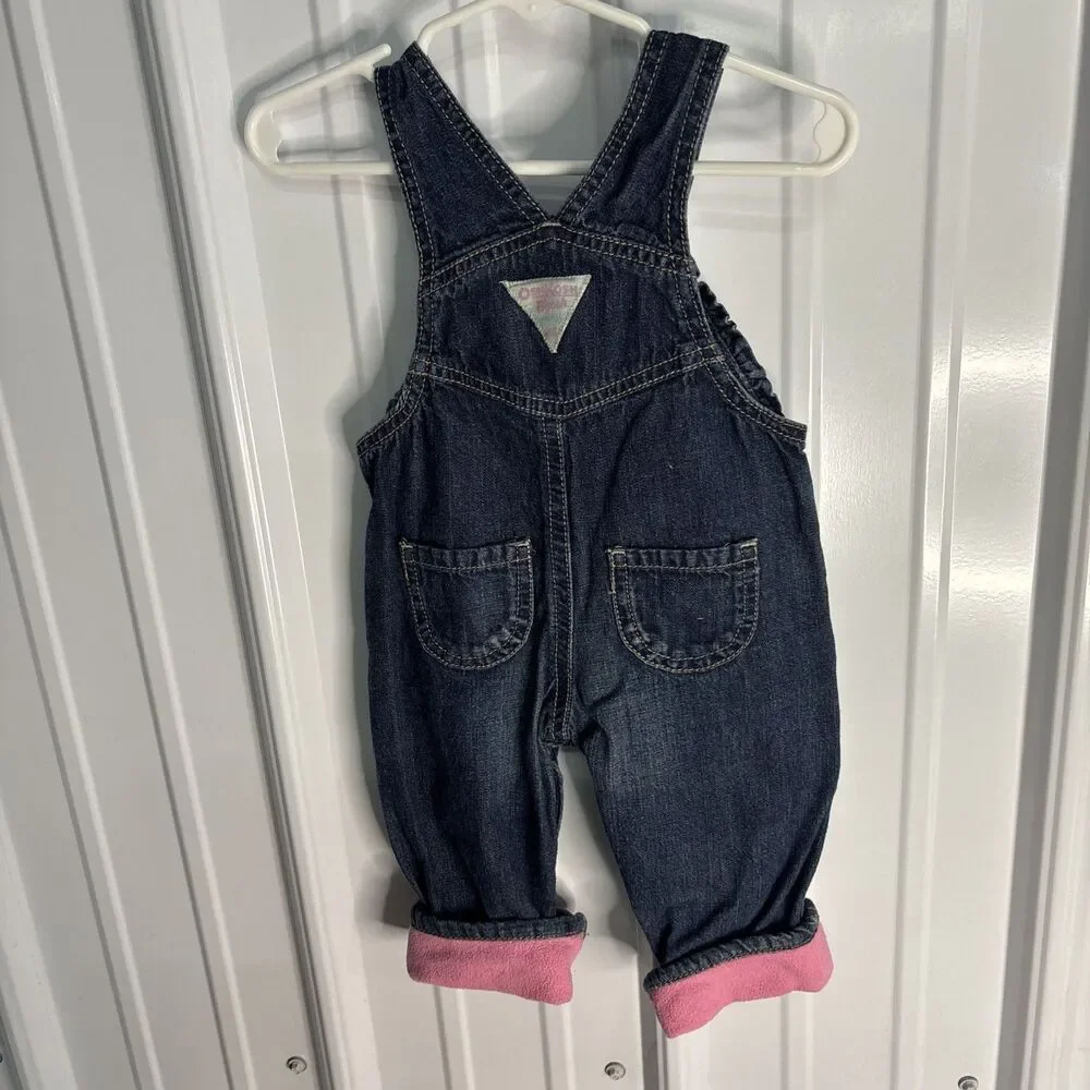 Vtg OshKosh Overalls Embroidered Penguins Pink Fleece Cuffs Ruffle Bibs 6 Mos